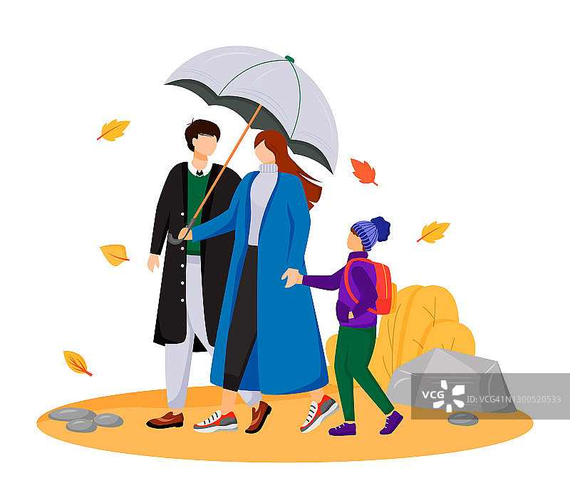 家庭平面颜色向量无面字符。多雨多风的天气。秋天的本性。夫妇和雨伞。走路的父母与孩子在大衣孤立的卡通插图在白色的背景图片素材