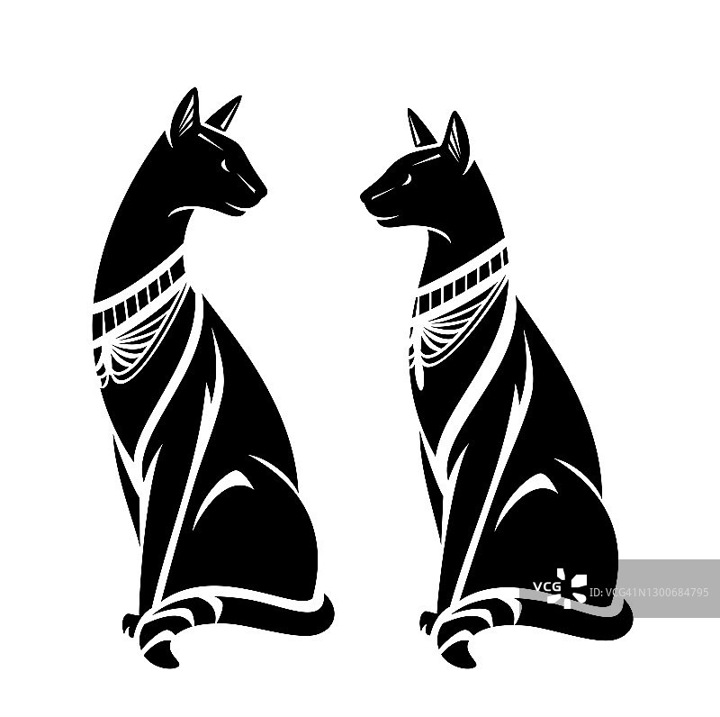 坐猫与古埃及风格装饰黑色矢量轮廓图片素材