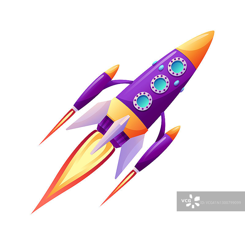 宇宙飞船发射火箭与火的痕迹在启动孤立的卡通图标。矢量飞船升空，助推器在飞行中。火箭起飞，飞船加速。创业，新项目图片素材