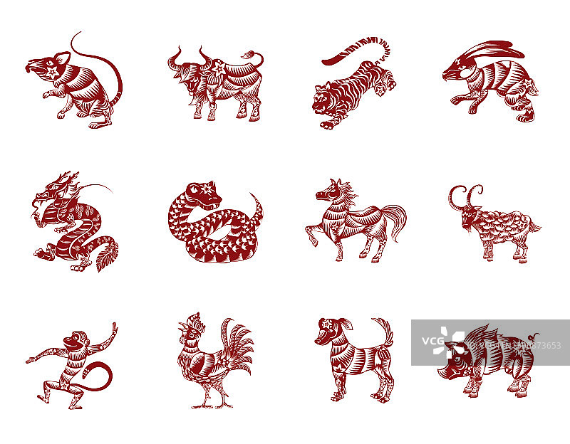 一套中国十二生肖动物在红色和白色的颜色图片素材