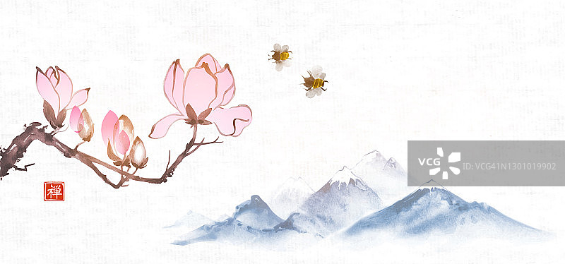 粉红色的玉兰花和遥远的青山。传统的东方水墨画粟娥、月仙、围棋。象形文字-禅宗的翻译图片素材