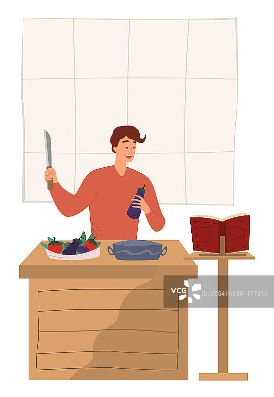 男人做饭和阅读食谱。平面设计说明。向量图片素材