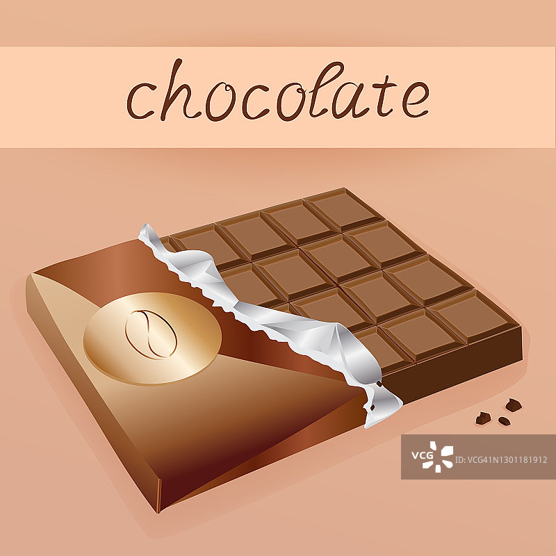 未包装的巧克力棒，撕开的包装纸，甜点，矢量插图图片素材