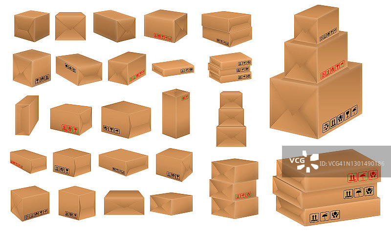 集纸板箱模型或现实各种纸板箱或包装盒的模型概念。Eps 10向量易于修改图片素材
