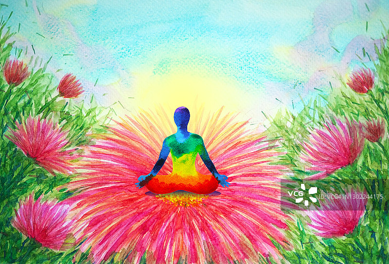人体冥想心灵心理健康瑜伽艺术冥想脉轮精神治愈水彩画插画设计花卉花园抽象概念图片素材