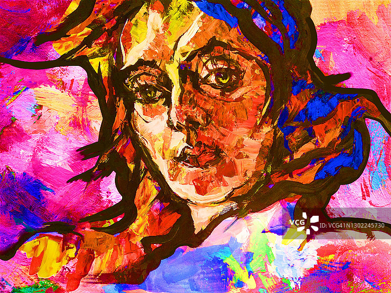 插图油画肖像的一个年轻的女人与飘动的头发的背景林间空地明亮的颜色在粉红色的规模图片素材