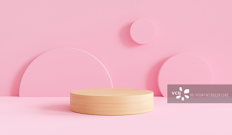 木质裙房最小的粉色墙景。三维渲染图片素材
