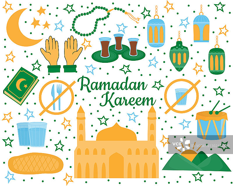 一套神圣的斋月卡里姆元素。穆斯林节日斋月。开斋节穆巴拉克，伊斯兰庆祝标志。孤立在白色背景上。平的插图图片素材