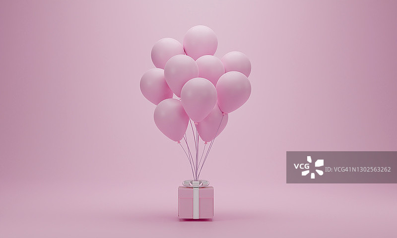 3 d渲染。粉色礼盒气球在彩色背景与复制空间图片素材