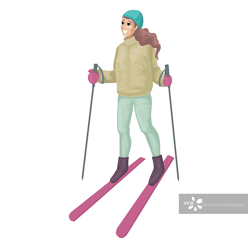 拿着滑雪杖滑雪的女子。矢量图图片素材