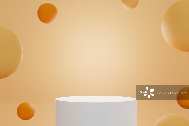 一个讲台设置和展示白色圆柱形产品与橙色背景和橙色黄色球- 3d渲染。图片素材