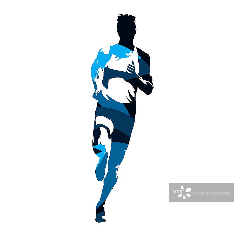 跑步的人，抽象的蓝色矢量剪影，正面视图图片素材
