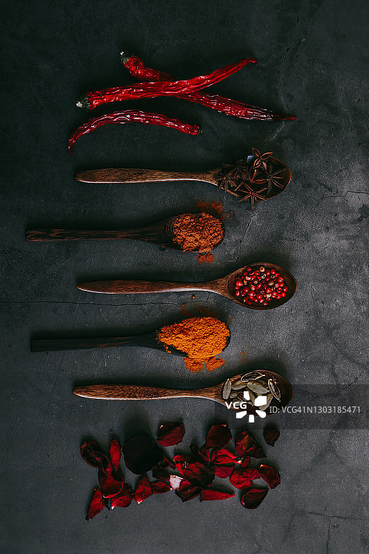 异国风情的印度香料配上木质调羹，背景为黑色图片素材