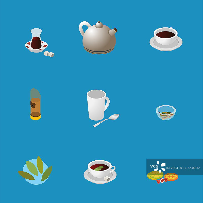等距土耳其茶制作图标集-传统的茶制作图标图片素材