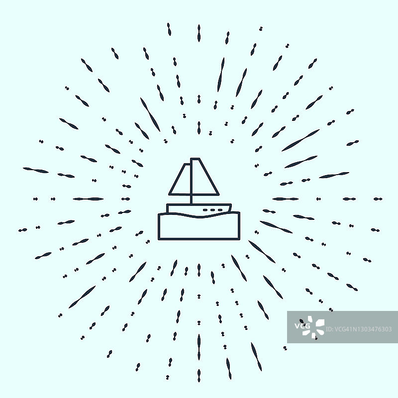 黑色线游艇帆船或帆船图标孤立在灰色背景。乘坐帆船进行海上巡游旅行。抽象的圆随机点。向量图片素材