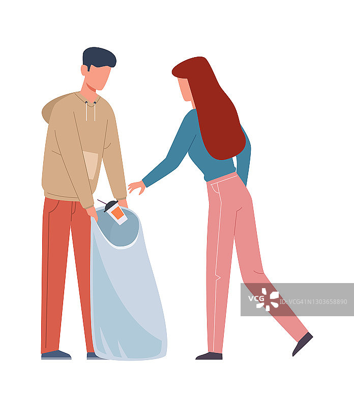 人们收集垃圾。男人和女人分类回收垃圾，家庭在容器中分开垃圾，污染保护和生态回收概念平面矢量卡通孤立插图图片素材