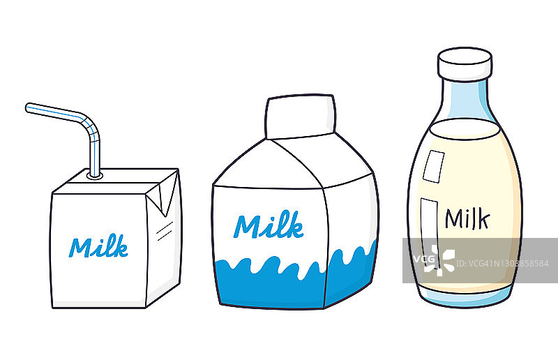 牛奶盒，带吸管和瓶子的盒子。图片素材