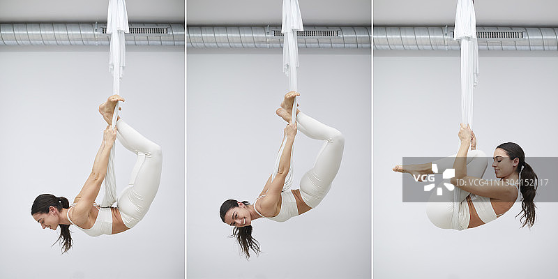 一个年轻女子在做不同的飞行瑜伽姿势图片素材