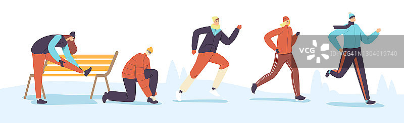 字符冬季跑步。慢跑运动的竞争。运动员，短跑运动员，男女运动员在寒冷的季节比赛图片素材
