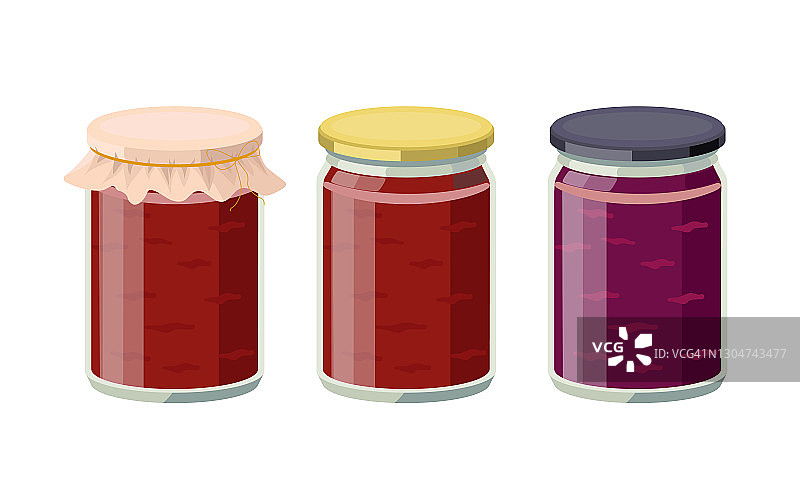 果冻在罐子孤立的白色背景。葡萄，草莓，樱桃果酱在玻璃罐-向量插图。图片素材