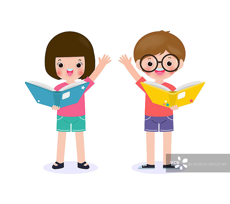 一套可爱的小男孩和小女孩站在一起读书，快乐的小学生读着一本书，孩子们回到学校，平面矢量插图孤立在白色的背景上图片素材
