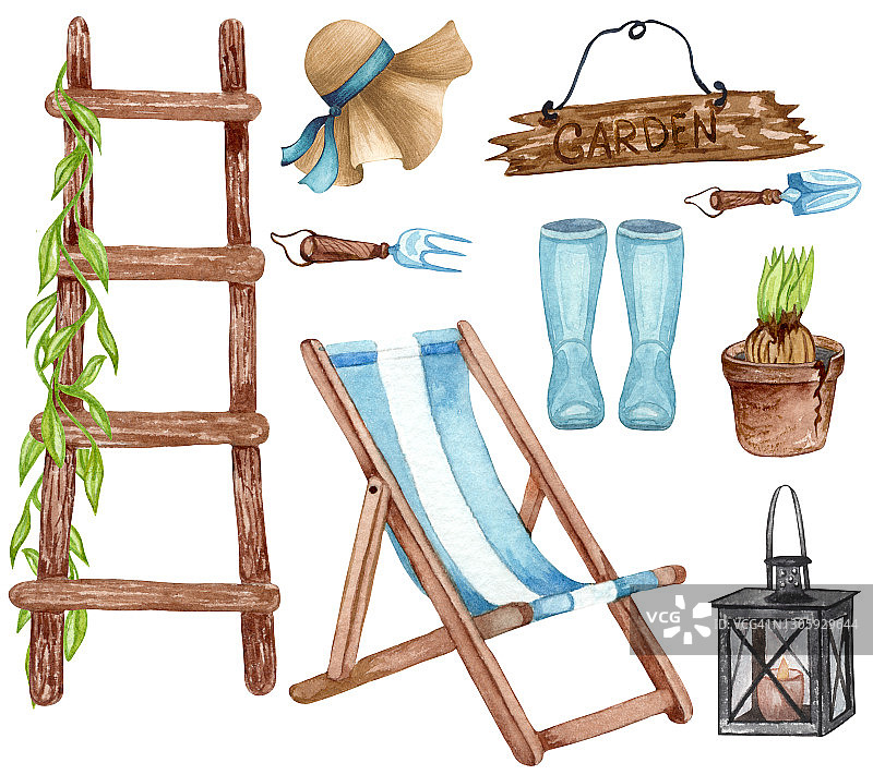 水彩画一套花园物体，梯子，橡胶靴子，喷壶，花盆，太阳椅，收音机。园艺工具。春天花园插图图片素材