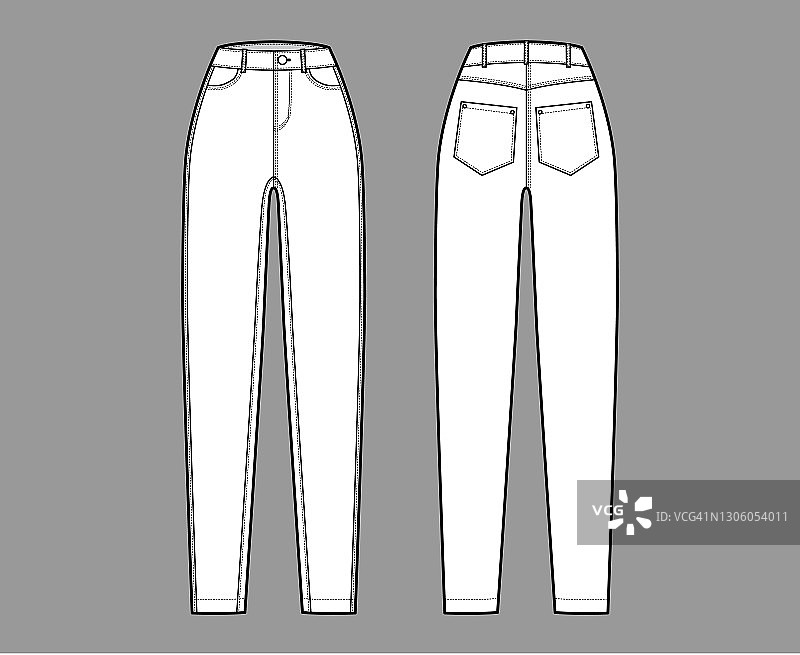 牛仔裤斜纹牛仔裤技术时尚的说明，全长，正常腰部，5个口袋，铆钉，皮带环图片素材