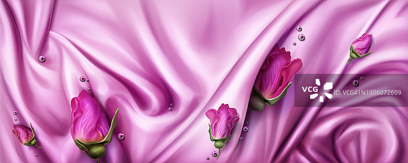 背景是粉红色的丝绸和玫瑰花蕾图片素材