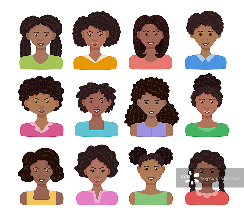 非洲女人的化身。矢量插图。不同发型的快乐黑人女孩。女性脸卡通图标。在白色背景上隔离图片素材