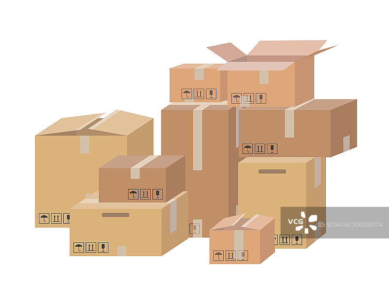 纸箱运输，包装开放和封闭的盒子与易碎标志。发货包裹包装模板收集。图片素材