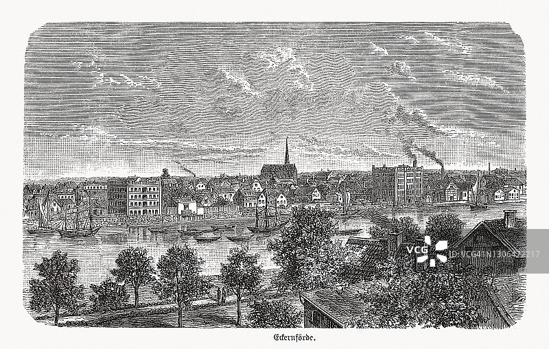 Eckernförde的历史观，石勒苏益格-荷尔斯泰因，德国，木刻，1893年出版图片素材