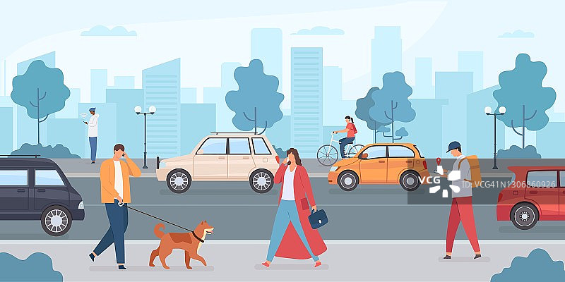 城市道路上的汽车。人们在街上遛狗和骑自行车。城市基础设施和交通运输。平矢量无人驾驶汽车图片素材