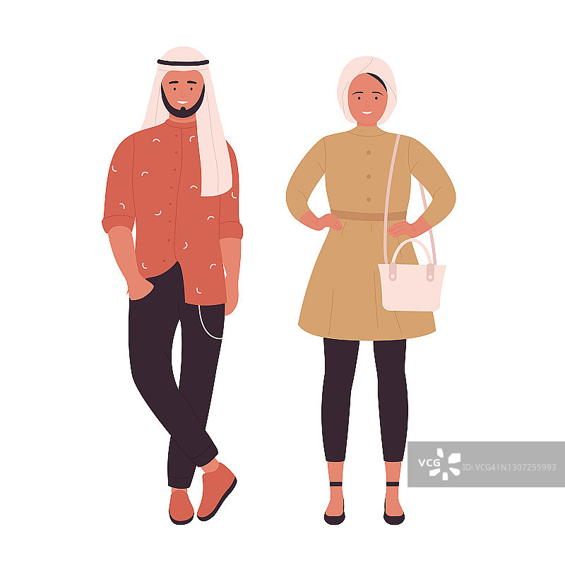 穆斯林青年时尚情侣，阿拉伯青年男女站在一起，穿着现代服装图片素材
