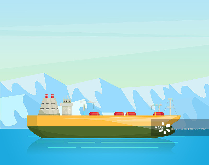 海上的船只在海上，渡船的背景是高山冰川。渡船、游船、水上运输、旅游运输、卡通载体图片素材