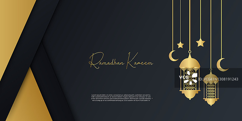 金色和黑色的斋月背景与灯笼，月亮和月牙装饰。伊斯兰贺卡的设计理念。豪华阿拉伯式图案阿拉伯东方风格的封面，小册子，传单，横幅图片素材
