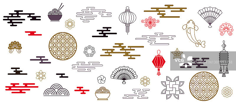 一套中国新年贺卡装饰。幸福的结。图片素材