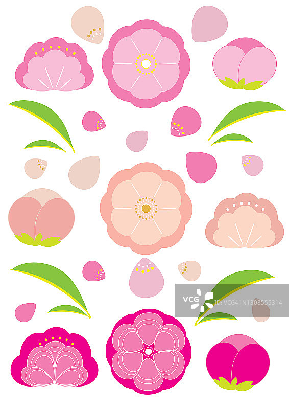 桃花，花瓣和叶子的图标设置图片素材