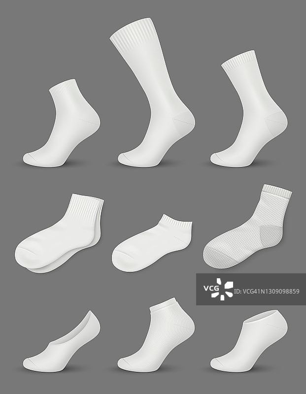 白袜子。时尚的现代服装收集为男人白鞋袜子模型像样的向量现实设置孤立图片素材