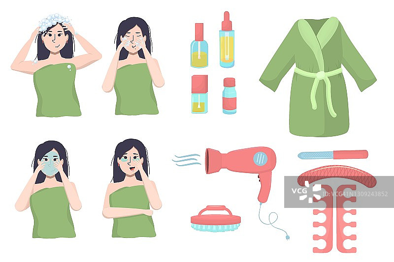 一套矢量插图的主题，浴室和个人护理。年轻的亚洲妇女洗她的头发和照顾她的皮肤化妆面具和补丁图片素材