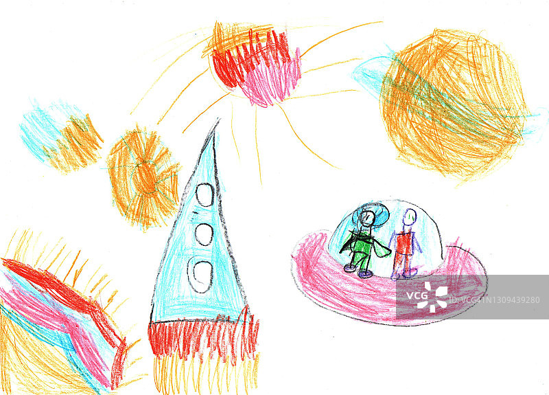 水彩儿童画太空行星火箭图片素材
