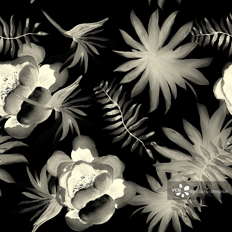 白色的热带的设计。黑色的无缝的艺术。灰色图案艺术。花卉植物。春天的手掌。花园的叶子。壁纸插图。装饰植物。图片素材