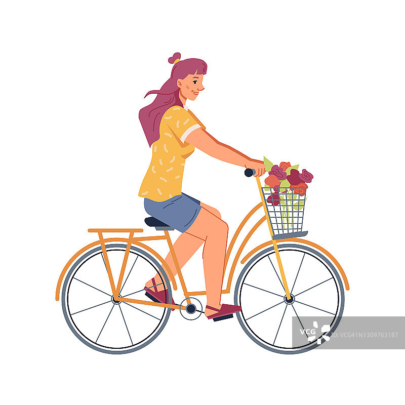 骑自行车的女人孤立扁平卡通人。矢车手骑着自行车在花篮里装饰。健康的生活方式，积极骑自行车的人享受骑山地车图片素材