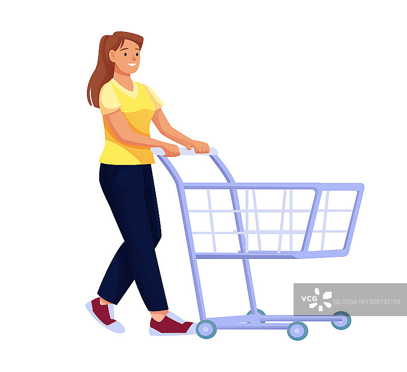 手里拿着购物车的女人。年轻快乐的女孩在超市与空推车矢量插图。微笑女性没有产品孤立在白色背景图片素材