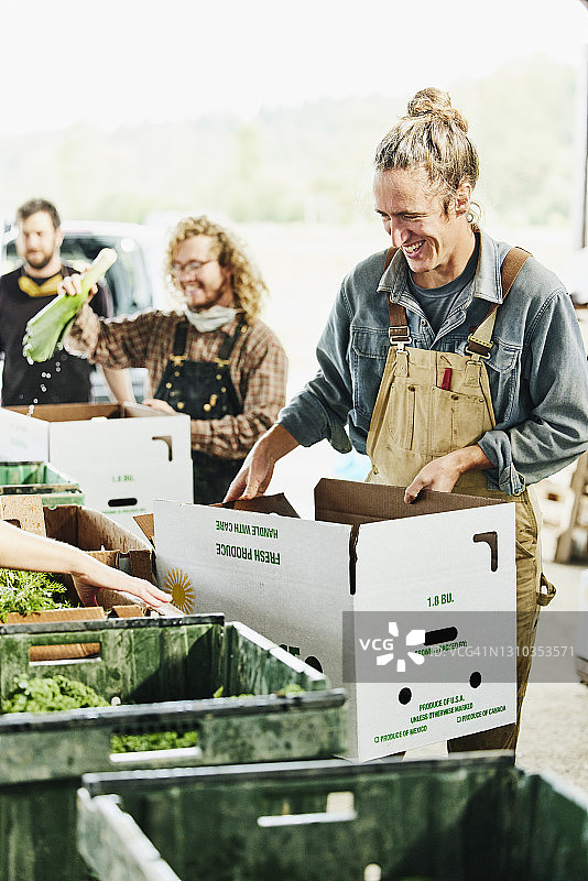 微笑的农民和同事在农场里用新鲜的有机蔬菜填满CSA盒子图片素材