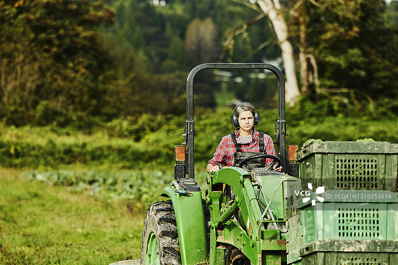 宽阔的镜头，女农民驾驶拖拉机与新鲜收获的有机蔬菜在秋天的早晨图片素材