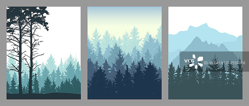 一套垂直海报。森林、山脉的剪影。美丽的云杉和松树。矢量图图片素材