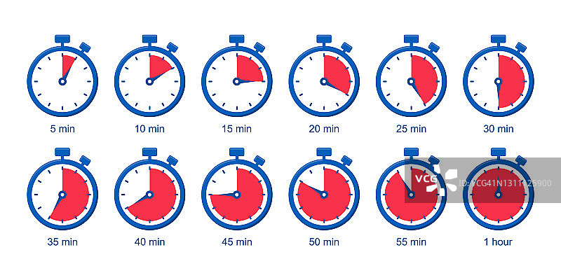 一组计时器图标。秒表与倒计时分钟。时钟，时间和数字计时器。运动手表。矢量插图。图片素材
