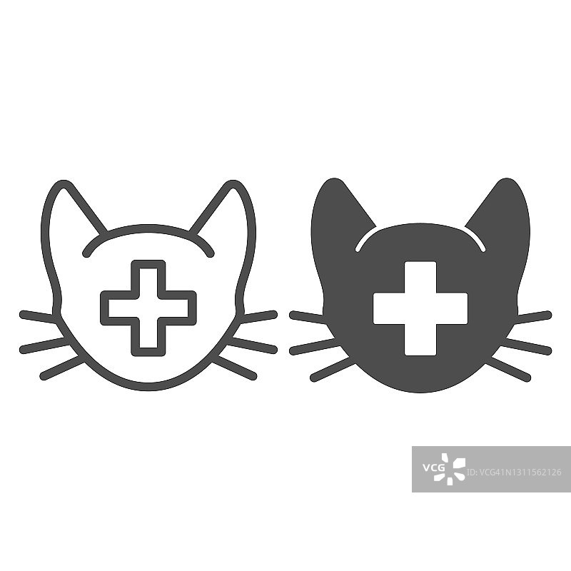 猫头与医疗标志线和固体图标，动物医院概念，兽医符号在白色的背景，猫的剪影兽医商店或诊所图标的轮廓风格。矢量图形。图片素材