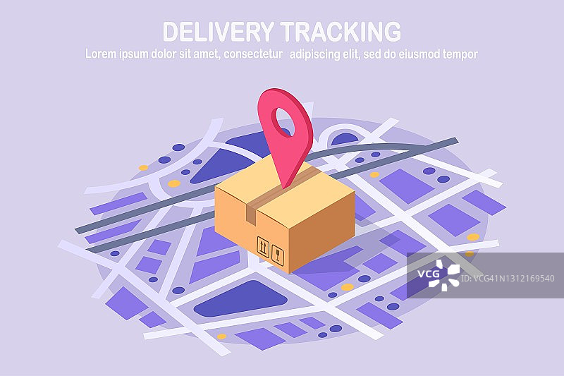 订单跟踪。等距包裹与大头针，指针在地图上。箱、包、货运输。矢量图图片素材