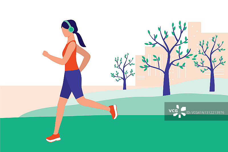 独自在公园慢跑的年轻女子。运动和健康生活方式的概念。矢量插图平面卡通。图片素材